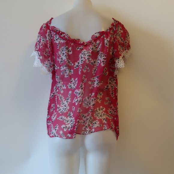 TRY B PINK WHITE FLORAL LACE SILK TOP XS * - Picture 5 of 6